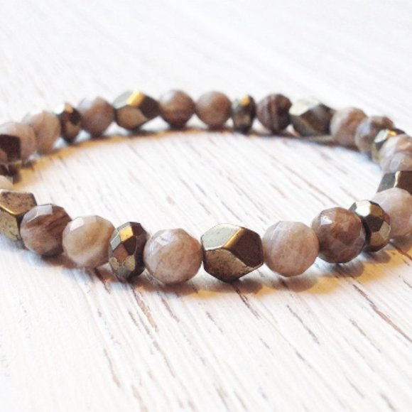 NWT Jasper and Pyrite Gemstones Bracelet 6mm - Picture 2 of 2